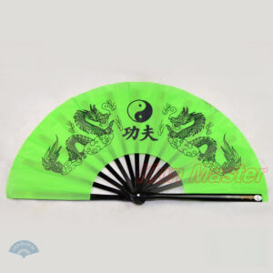 Eventail décoratif vert avec motif dragon Kung Fu